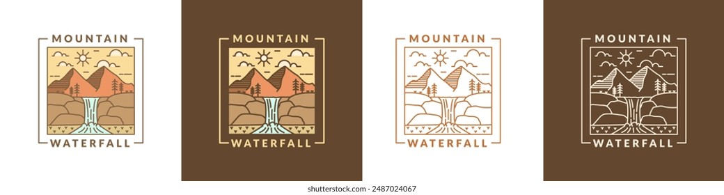 illustration of mountain and waterfall outdoor monoline or line art style vector