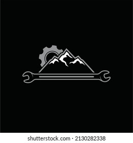 illustration of mountain and wrench, logo template for adventure car service.