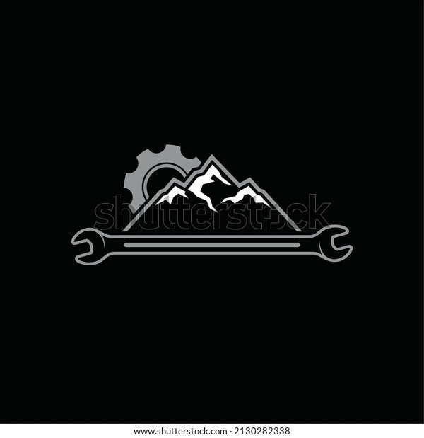 illustration of mountain and wrench, logo\
template for adventure car\
service.