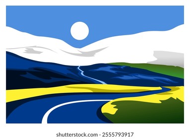 illustration of a mountainous background with a road in the foreground. Suitable for wall decorations, banners, backdrops, backgrounds, covers.