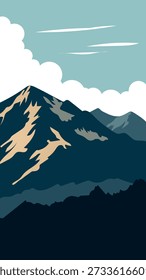 Illustration of mountainous terrain under clouds