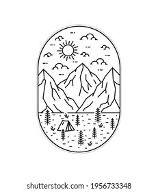 illustration of mountains and camping tents in mono line art ,badge patch pin graphic illustration, vector art t-shirt design