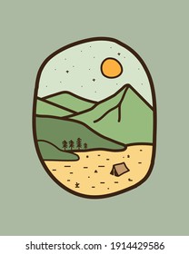 illustration of mountains and camping tents for t-shirt designs, pins, badges, art, design vectors, irregular squares