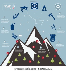 Illustration mountains, camping-travel elements, on flat design