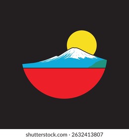 Illustration of mountains, clouds, sun, land with attractive colors on black background. Suitable for other element designs