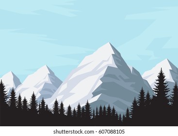 Illustration of mountains and coniferous forest silhouette, mountain background landscape. Outdoor concept, vector, in blue tone