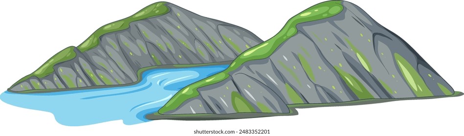Illustration of mountains and a flowing river