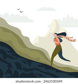 Illustration of mountains with a girl hiking with a backpack