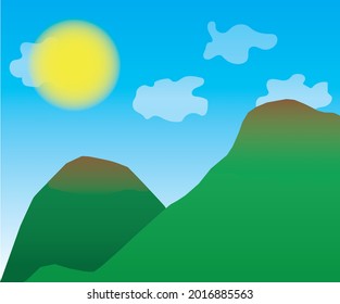 Ilustración con colinas nubes solares cielo azul verde y marrón 