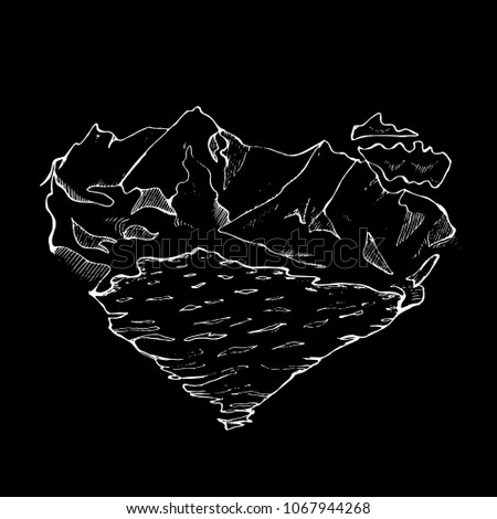 Illustration of mountains, lakes and clouds in the form of a heart. Done in the style of minimalism. Chalk on a blackboard