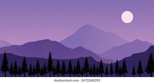 ilustración las montañas están cubiertas de árboles y el cielo está lleno de estrellas. cielo púrpura con una luna Grande. La escena es tranquila y serena, evocando una sensación de calma