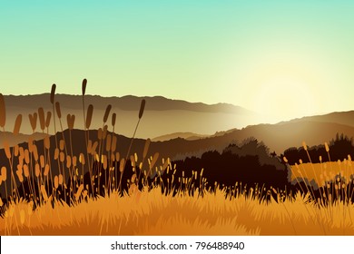 Illustration of mountains landscape with orange grass at sunrise