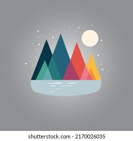 illustration of mountains near the river in which the light of the moon is reflected