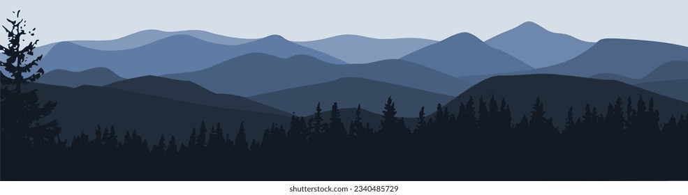 Ilustración Montañas Vista Panorámica Horizontal con árboles paisajísticos para su diseño de fondo