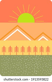 illustration of mountains, pine trees, and bright sun in beautiful simple design. vector illustration