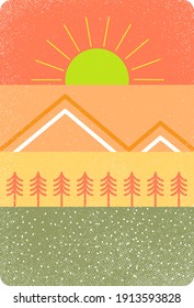 ilustración de montañas, pinos y un sol brillante en un bonito diseño sencillo. ilustración vectorial.efecto grunge