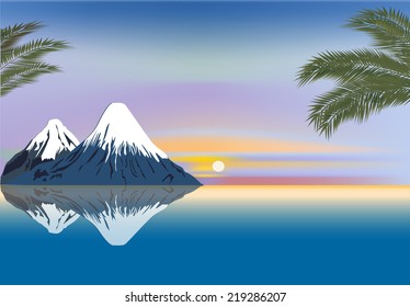 illustration with mountains reflection in sea