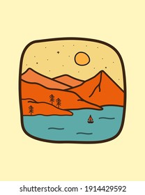 illustration of mountains and sea for t-shirt designs, pins, badges, art, design vectors, irregular squares