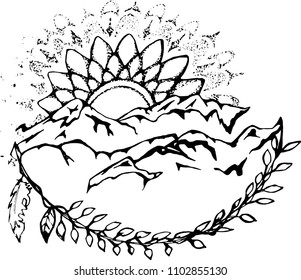 Illustration of mountains, sun, patterns and plants. Harmony.