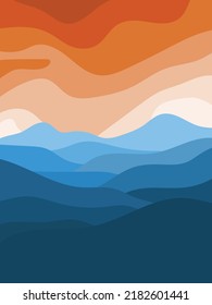 Illustration of mountains at sunset. beautiful gradation of blue for mountain and orange for sky