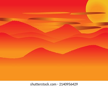 Illustration of mountains at sunset. beautiful waveform with yellow red gradation
