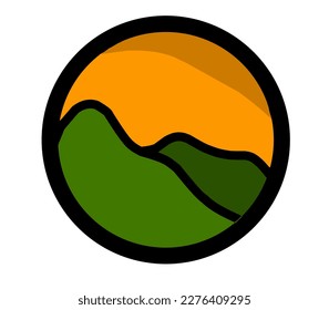 an illustration of mountains with a sunset sky inside a black circle, this is perfect for an icon or a logo