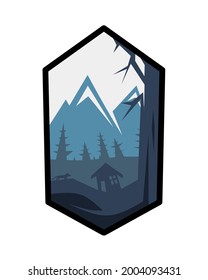 An Illustration of mountains surrounded by snow and a house seen by wolves