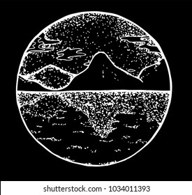 Illustration of mountains and symmetrical reflection of them in the water. Chalk on a blackboard.
