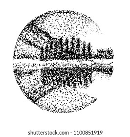 Illustration of mountains and symmetrical reflection of them in the water.