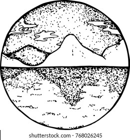 Illustration of mountains and symmetrical reflection of them in the water.