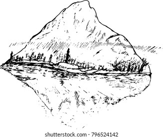 Illustration of mountains and symmetrical reflection of them in the water.