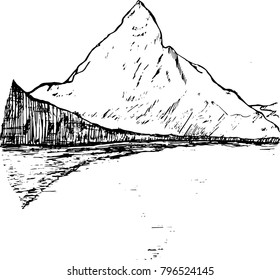Illustration of mountains and symmetrical reflection of them in the water.