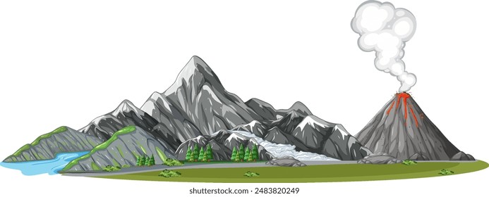 Illustration of mountains, volcano, river, and trees