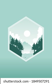 illustration of mountains with waterfall and pine forest