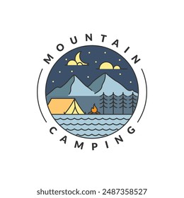 Illustration of mountan and camping monoline or line art style