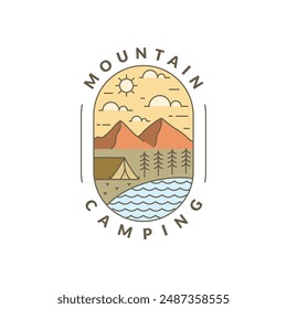 Illustration of mountan and camping monoline or line art style