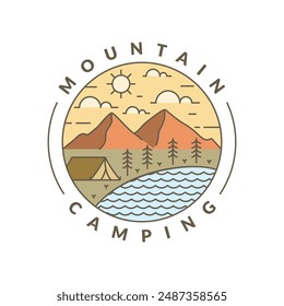 Illustration of mountan and camping monoline or line art style