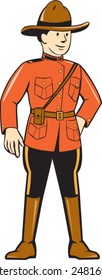 Illustration of a mounted policeman police officer standing facing front on isolated background done in cartoon style.