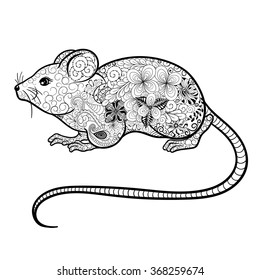 Illustration "Mouse" was created in doodling style in black and white colors.  Painted image is isolated on white background.