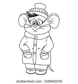 Illustration of a mouse, dressed for winter black and white, perfect for children`s coloring book - Vector