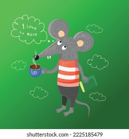 Illustration with a mouse drinking coffee. Vector illustration