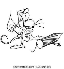 Illustration, mouse, eve, attention, firecracker, comics, arsonist, black, white, vector.