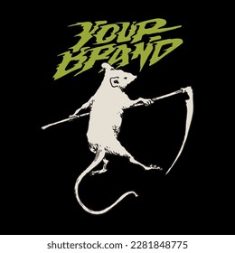 illustration of a mouse with a grim reaper weapon, very suitable to be used as a design on clothes.