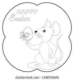 Illustration of a mouse holding an egg in the feast of Resurrection, a template for children to decorate the card design