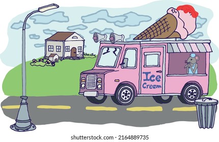 Illustration of a mouse in an ice cream truck. Pink, house, hill, eps ready to use. For your design