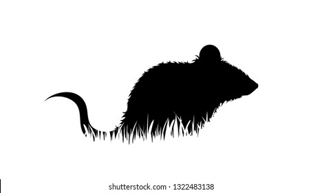 Illustration of mouse icon in the grass. Vector silhouette on white background. Symbol of rat.