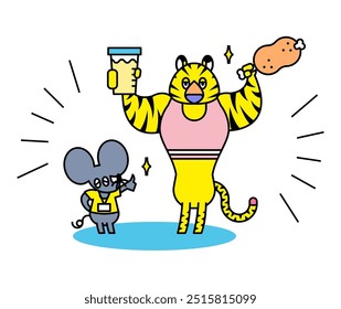 Illustration of a mouse instructing members on the correct diet at a personal gym