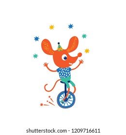 Illustration of a mouse juggler on a bike during a performance. Cartoon style. Vector illustration. For postcard, poster, pattern, packaging.