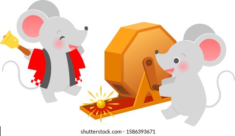 Illustration of a mouse making a winning with a lottery and a clerk mouse wearing  Happi ringing a Bell
This wooden machine is called “Fukubiki” a Japanese style rotating lottery.