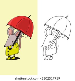 illustration of a mouse with a raincoat and an umbrella